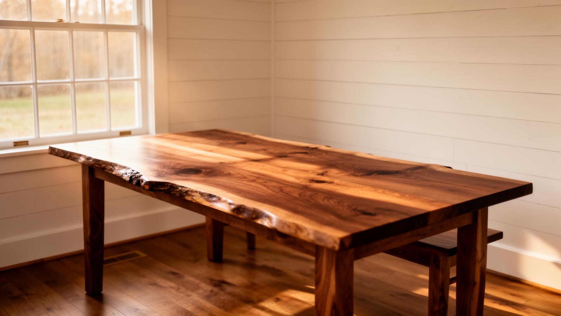 Handcrafted live-edge walnut dining table in a Vermont farmhouse